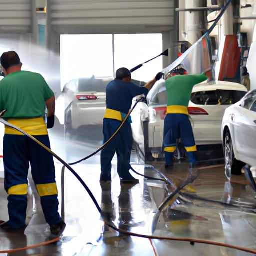 Đội ngũ công nhân sử dụng thiết bị hiện đại để làm sạch đội xe.