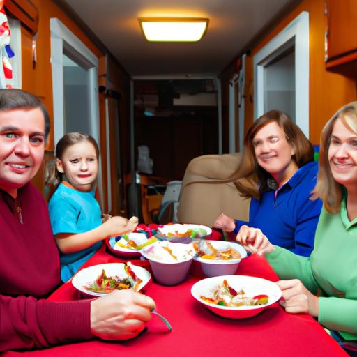 Gia đình thưởng thức bữa ăn trong căn nhà xe di động của họ.