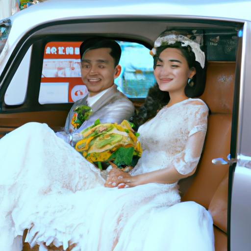Cặp đôi hạnh phúc ngồi trên chiếc xe được trang trí đẹp mắt của Nhà xe An Anh Sài Gòn trong ngày cưới