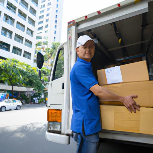 Nhân viên giao hàng đang vận chuyển bưu kiện bằng xe tải Nhà xe Sao Mai