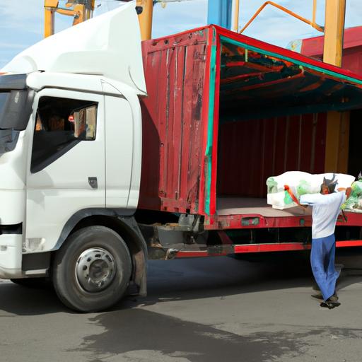 Nhân viên công ty vận tải Trung Trần Hòa đang tải hàng lên xe tải