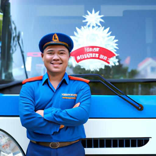 Một tài xế vui vẻ trong bộ đồng phục đứng trước chiếc xe buýt với logo của Nhà xe Đức Nghĩa.