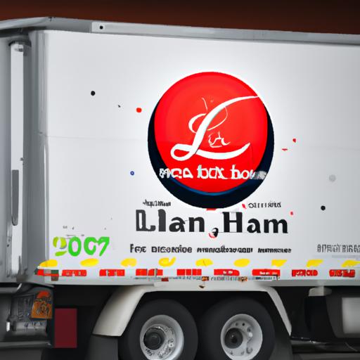 Chiếc xe tải của nhà xe Lan Anh vận chuyển hàng hóa với logo công ty rõ ràng trên thân xe.