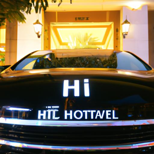 Chiếc xe hiện đại mang logo của nhà xe Thiện Trí đậu trước khách sạn