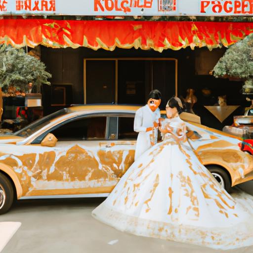 Cặp đôi cưới chụp ảnh trước chiếc xe được trang trí đến từ Nhà Xe Cúc Phương Quận 5