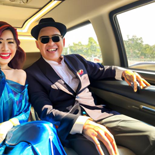 Cặp đôi cười tươi ngồi trên xe Limousine của Hoa Dũng trên đường đến sân bay.