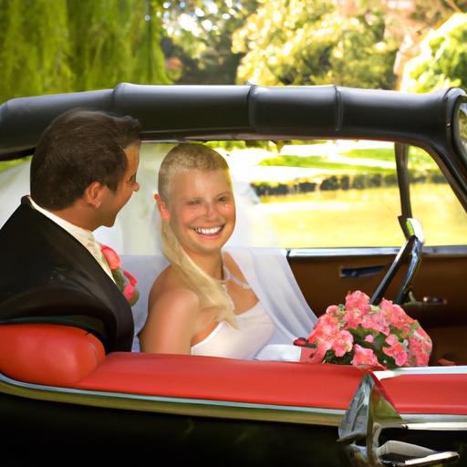 Cặp đôi vui vẻ bước vào chiếc xe hoa nhỏ chuẩn bị cho ngày cưới của mình.