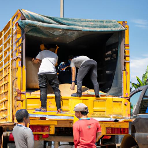 Nhóm công nhân đang tải hàng hóa vào xe tải vận chuyển của công ty Hiền Lan