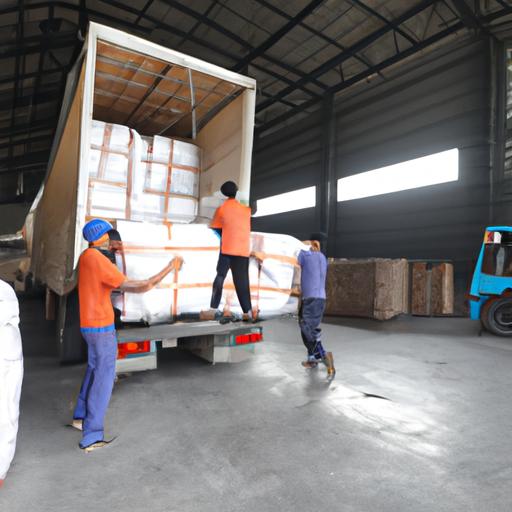 Nhóm công nhân đang xếp hàng hóa lên xe tải của nhà xe Kim Hùng Lagi trong kho hàng.