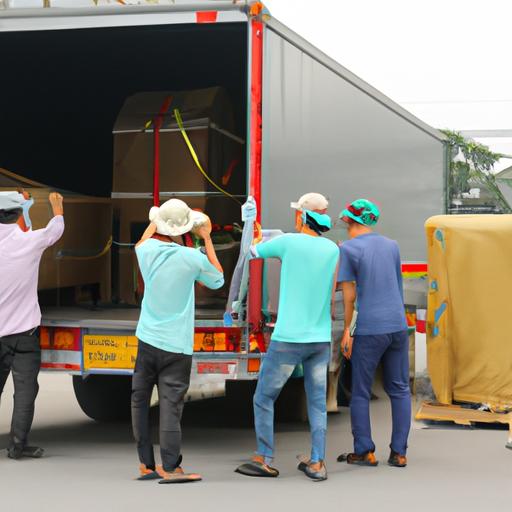 Những công nhân đang xếp hàng lên xe vận chuyển của Nhà Xe Thanh Quang
