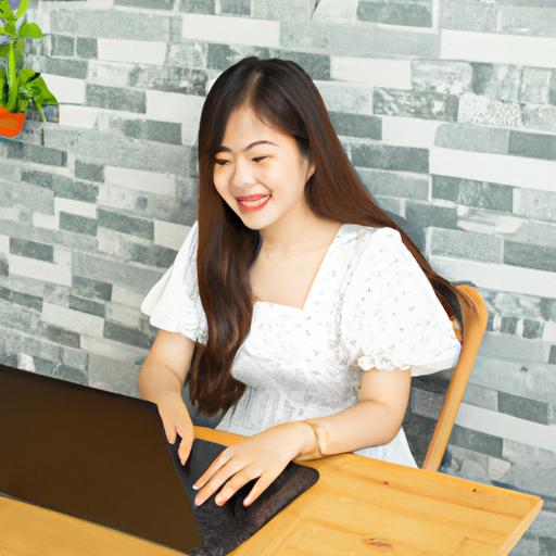 Một phụ nữ đang đặt vé Tuấn Tú Nhà Xe trên laptop với nụ cười trên môi.
