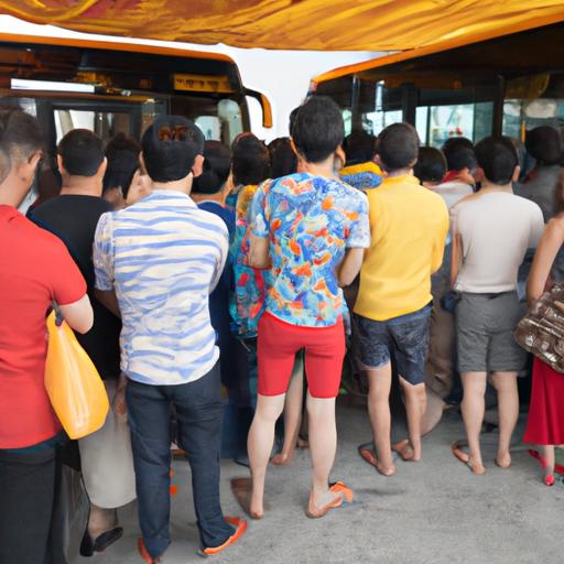 Đoàn khách đang xếp hàng chờ lên xe tại trạm xe buýt Sài Gòn