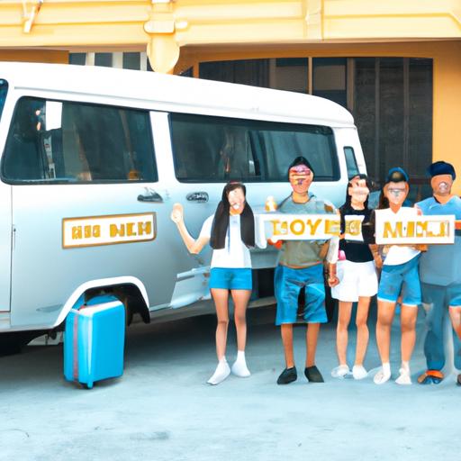 Đoàn khách du lịch đứng bên cạnh chiếc xe van có logo Nhà xe Văn Minh Hà Nội