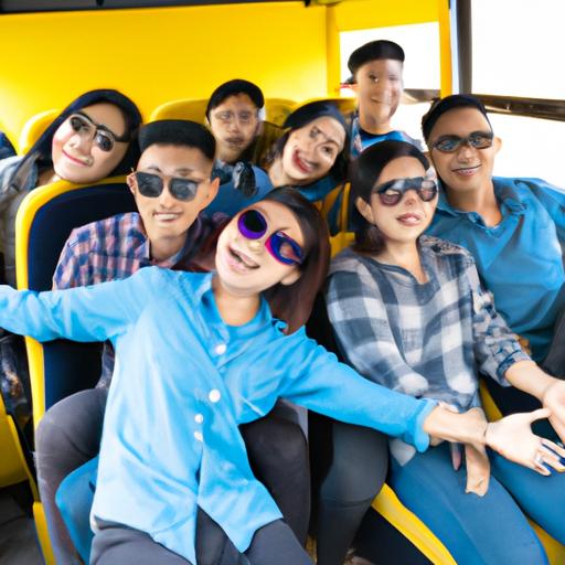 Đoàn khách du lịch vui vẻ ngồi thoải mái trên xe du lịch của Huy Hoàng
