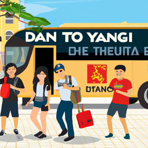 Đoàn khách du lịch vui vẻ xuống xe buýt mang logo Nhà xe Dương Vũ