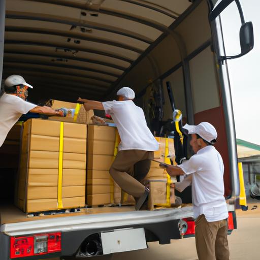 Đội ngũ công nhân đang xếp thùng hàng lên xe tải tại kho của một công ty vận tải ở Cao Bằng.