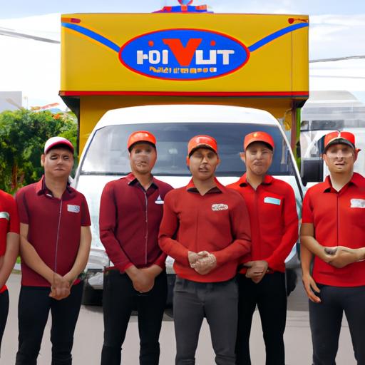 Đội ngũ lái xe chuyên nghiệp của Nhà xe Hiếu Viện Hà Tĩnh đứng trước hàng loạt xe vận chuyển có logo.