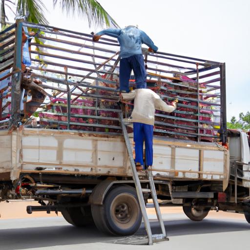 Đội ngũ nhân viên đang xếp hàng hóa lên xe tải của Mười Phương.
