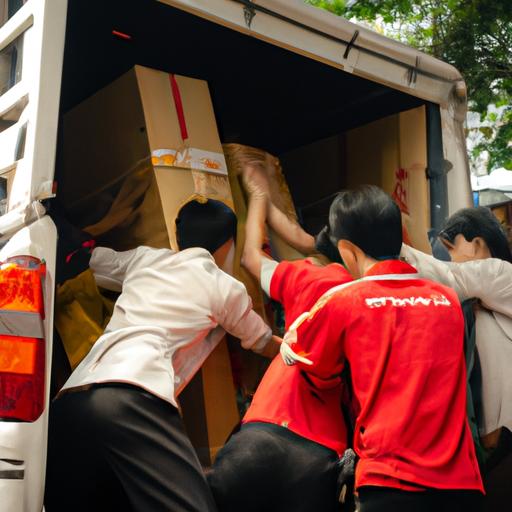Đội ngũ nhân viên của nhà xe Hùng Kim Châu cẩn thận xếp các thùng hàng lên xe vận chuyển.