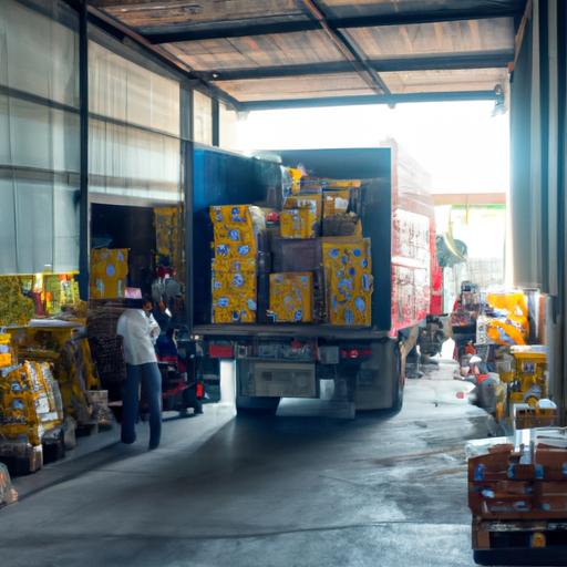 Kho bãi của công ty vận tải Gia Huy với nhân viên đang tải hàng lên xe tải.