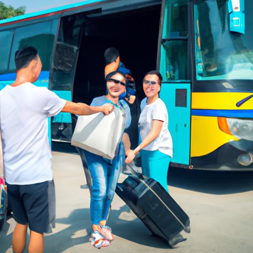 Một nhóm hành khách vui vẻ lên xe buýt của nhà xe út minh với hành lý của họ.