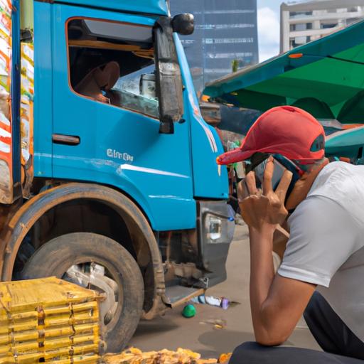 Khách hàng đang nói chuyện trên điện thoại trong khi xe tải Lộc Phát được nạp hàng