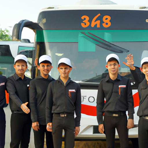 Nhóm lái xe chuyên nghiệp và thân thiện với trang phục đồng phục của Nhà xe Hoàng Gia 77 đứng trước đội xe buýt.