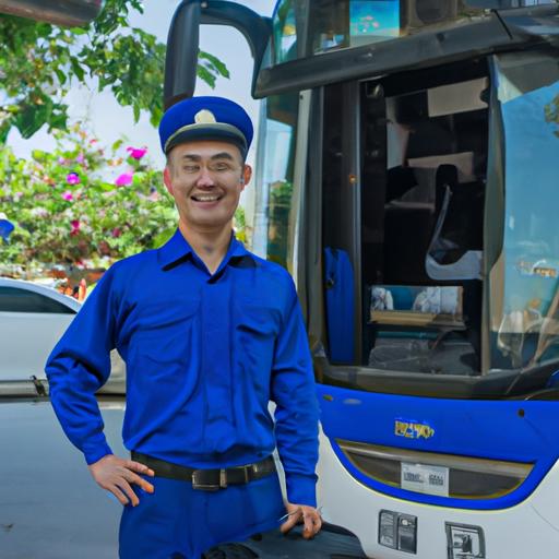 Lái xe thân thiện trong bộ đồng phục của nhà xe Liên Hưng Nha Trang, đứng trước xe bus với khoang hành lý mở