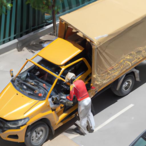 Lái xe trong bộ đồng phục 'Nhà xe Trọng Hiếu' đang tải hàng lên xe tải.
