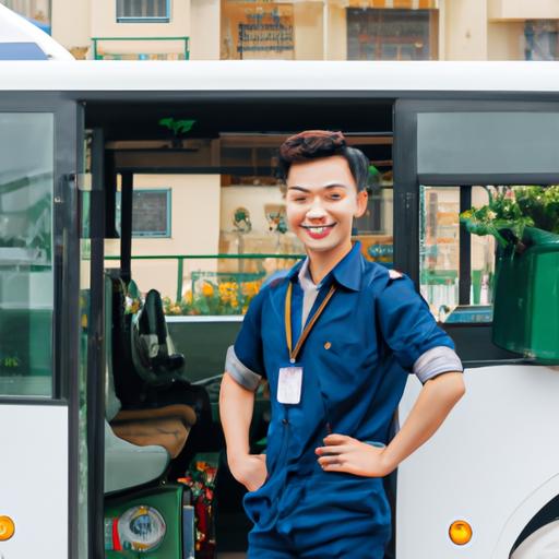 Một tài xế thân thiện trong bộ đồng phục đứng trước một chiếc xe buýt Nhà xe Chín Nghĩa Hà Nội có khoang để hành lý