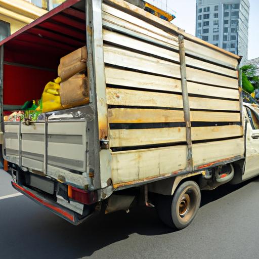 Một chiếc xe tải của nhà xe Trường Hằng Thanh Hóa đang vận chuyển hàng hóa qua các con đường thành phố.