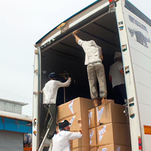 Một nhóm công nhân đang tải các gói hàng lên một chiếc xe tải của Nhà xe Trường Sơn.