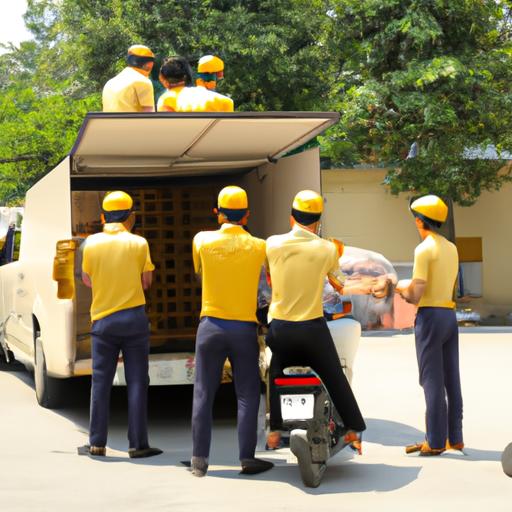 Đội ngũ nhân viên trong trang phục của Công ty TNHH Vận tải Hưng Phú đang chuyển hàng lên xe tải