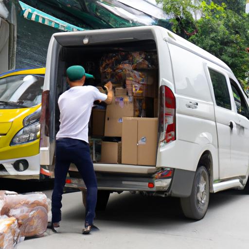 Nhân viên giao hàng đang dỡ hàng từ chiếc xe tải của công ty vận tải Tô Châu