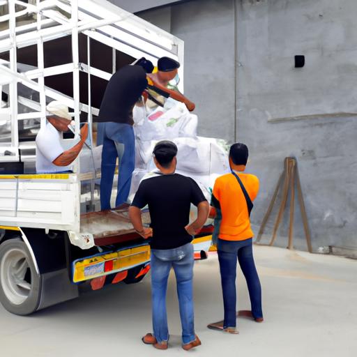 Nhân viên của công ty vận tải Thái Dương đang tiến hành bốc dỡ hàng hóa lên xe tải