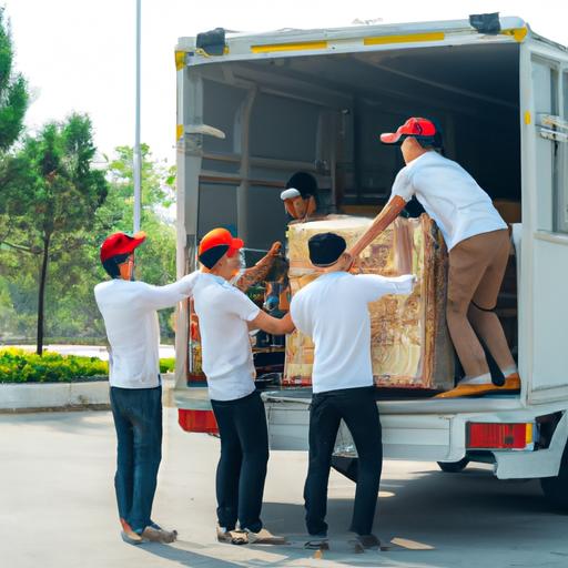 Nhóm công nhân đang cẩn thận xếp hàng vào xe tải vận chuyển của Nhà xe Rồng Việt.