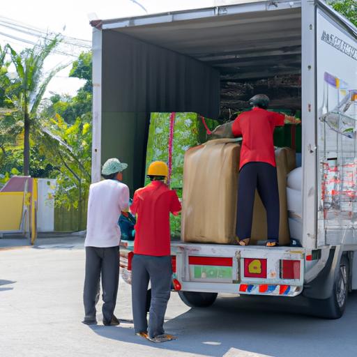 Nhóm công nhân đang đóng gói hàng hóa lên xe tải của Nhà xe Tiến Oanh