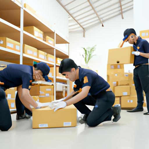 Nhóm công nhân đang đóng gói và gắn nhãn lên các thùng hàng để vận chuyển sử dụng dịch vụ của công ty vận tải Minh Quý Hậu Lộc.