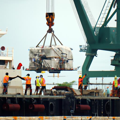 Nhóm công nhân đang tải hàng hóa lên tàu vận chuyển của Nhà Xe Quốc Cường tại cảng.