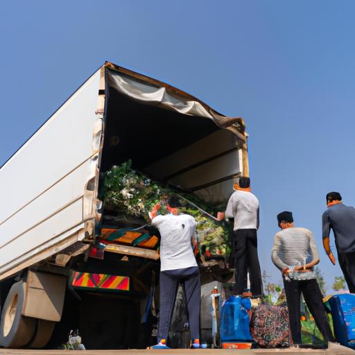 Nhóm công nhân tải hàng lên xe tải vận tải của Hòa Thuận
