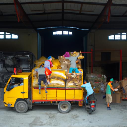 Nhóm công nhân tải và dỡ hàng từ xe tải tại kho hàng ở Hà Nội