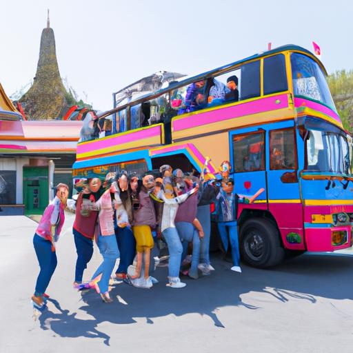 Một nhóm khách du lịch hạnh phúc xuống xe buýt của nhà xe Kim Long trước một địa danh nổi tiếng.