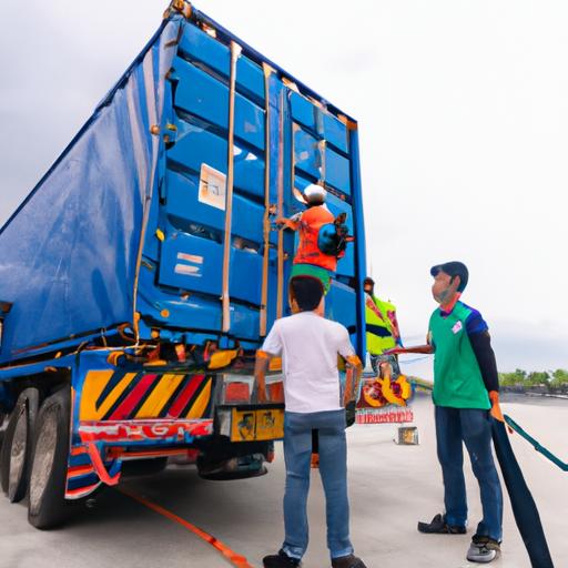 Nhóm tài xế chuyên nghiệp của Nhà Xe Tám Ngọt đang xếp hàng hóa lên xe tải container