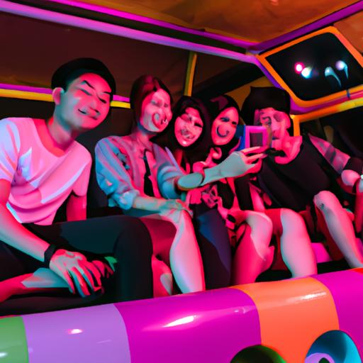 Một nhóm thanh niên cười đùa và tự sướng trong chiếc xe nhà xe cuộc huê vui nhộn và đầy màu sắc cho một đêm tiệc tùng.