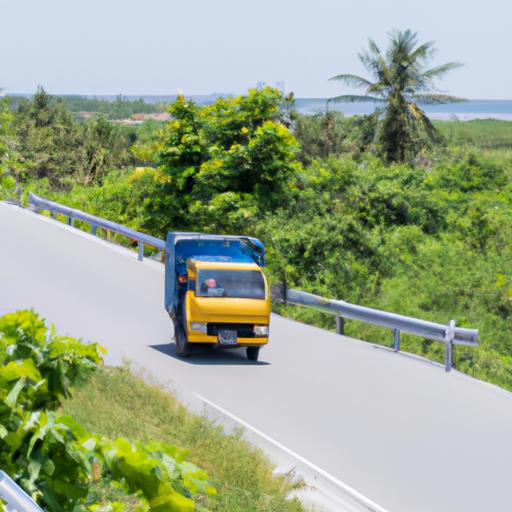 Xe tải Nhà Xe Hải Duyên Cái Bè vận chuyển hàng hóa qua những con đường quanh co của tỉnh Tiền Giang.