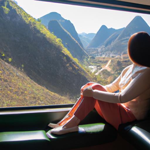 Một phụ nữ thoải mái ngồi trên ghế xe buýt với khung cảnh Hà Giang đẹp mắt ở phía sau.