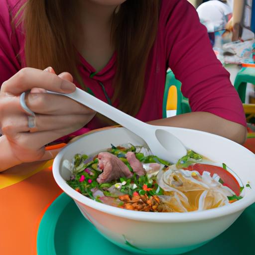 Một phụ nữ thưởng thức tô mỳ Quảng tại quán ăn đường phố ở Đà Nẵng