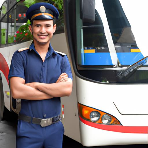 Tài xế thân thiện và chuyên nghiệp trong bộ đồng phục Thái Phong đang đứng bên cạnh xe buýt.