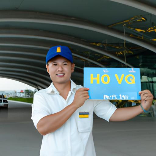 Tài xế thân thiện cầm biển tên mang logo Nhà xe Quốc Hoàng Quận 5 tại sân bay