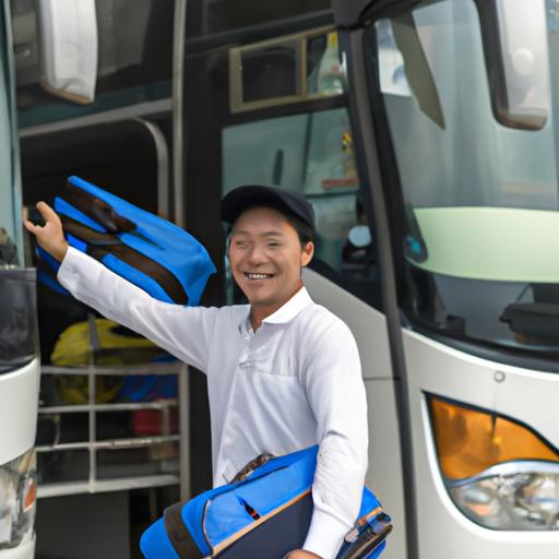 Tài xế xe buýt thân thiện từ nhà xe Mỹ Đình giúp đỡ hành khách với hành lý của họ.